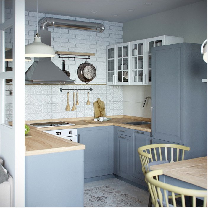 Кухня в серых тонах, кирпичной стеной и фартуком со скандинавским орнаментом. Столовая является частью кухни.