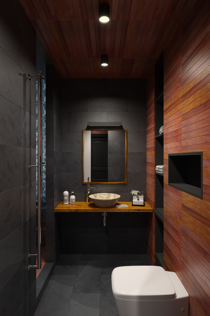 Ванная комната в темных тонах с использованием натурального сланца и доски тика.